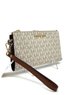 Michael Kors Large Double Zip Wallet Wristlet Vanilla/Brown
